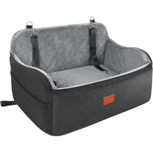 Pet car seat detail view featuring soft grey quilted fabric and secure adjustable straps for travel.