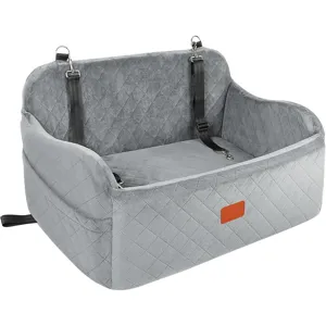 Grey quilted pet car seat dog travel bed with safety straps and metal hooks for auto transport.