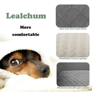 Pet car seat bed detail featuring ultra soft short wool fabric and breathable memory sponge.