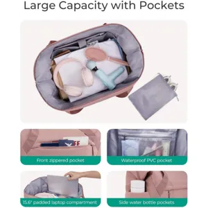 Dettaglio borsa da viaggio rosa con scomparti multipli, custodia per laptop e tasche.
