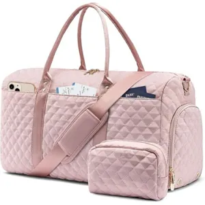 Large Capacity Quilted Travel Duffel Bag Set Lightweight Weekender Overnight Bag With Toiletry Bag For Women Men
