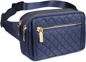Vue détaillée du sac banane matelassé avec fermeture éclair dorée et tissu en nylon.