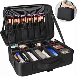 Grand étui de maquillage de voyage professionnel avec porte-pinceaux et diviseurs réglables, noir.