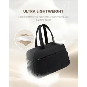 Detail view of black travel duffel bag showing ultra-lightweight soft padding material.