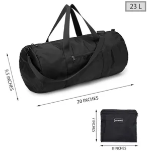 Borsa da viaggio pieghevole nera con capacità 23L, dettagli del borsone sportivo.