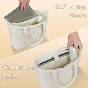 Quilted tote bag for women, stylish shoulder bag with 15.6 inch laptop sleeve and pockets.