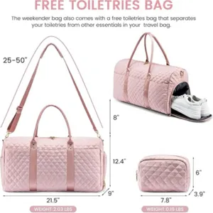 Pink quilted travel duffel bag set with separate shoe compartment and toiletries bag.