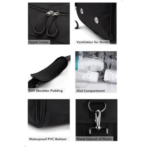 Sac de voyage sport noir multifonction avec compartiment à chaussures et poche humide.
