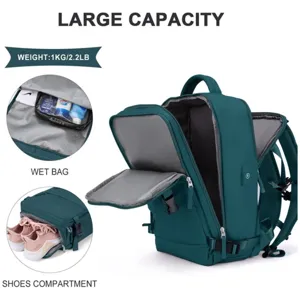 Large capacity waterproof travel backpack with USB port, wet bag and shoes compartment.
