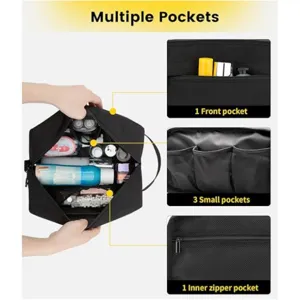 Portable men travel toiletry bag with waterproof material and multiple storage pockets.