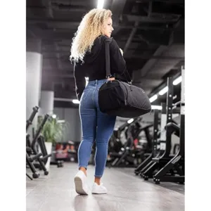 Sac de sport noir durable avec bandoulière, idéal pour les voyages, le sport et les week-ends.