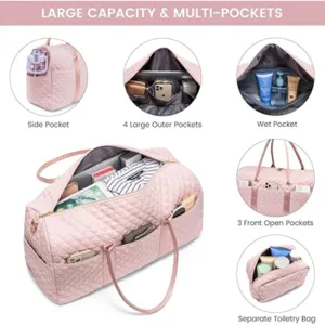 Large capacity quilted travel duffel bag with multi-pockets and separate matching toiletry bag.