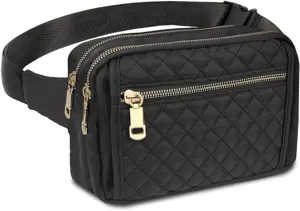 Détail de sac banane matelassé noir en nylon, fermetures éclair dorées, style élégant.