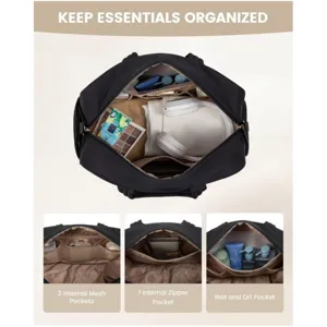 Detailed view of travel duffel bag interior featuring multi compartments and wet dry pocket.