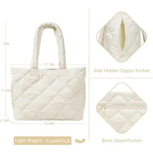 Quilted tote bag detail showing side hidden zipper pocket and back pocket features.