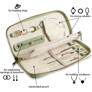 Portable travel jewelry organizer bag with compartments for rings, earrings and necklaces.