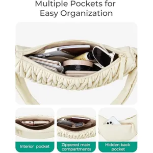 Detailed view of the quilted puffer crossbody bag showing multiple interior pockets and zipper.