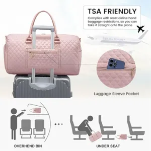 Pink quilted travel duffel bag with luggage sleeve pocket for TSA airline carry-on use.