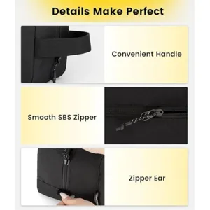 Detailed view of the convenient handle and smooth zipper on the travel toiletry bag.