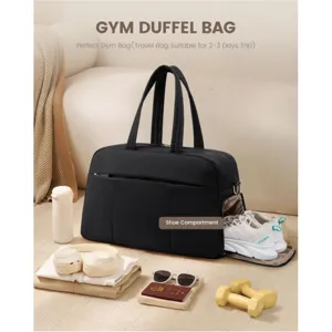 Black women travel duffel bag with shoe compartment waterproof weekend gym bag for short trips.