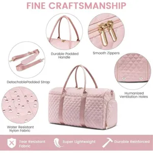 Pink quilted travel duffel bag detail showcasing durable padded handle and smooth zippers.