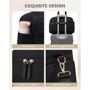 Black waterproof travel bag detail showing side pocket, luggage strap and zipper.