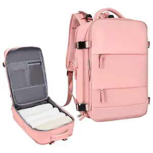 Pink travel backpack, multi-functional business laptop rucksack with USB port, waterproof.