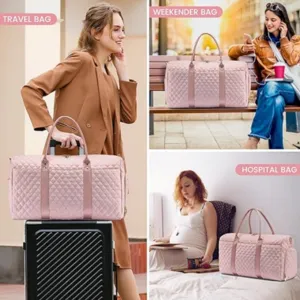 Pink quilted travel bag and weekender bag set, large capacity gym luggage with handle for women.