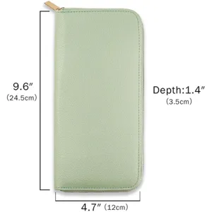 Portable travel jewelry organizer bag in light green with zipper closure for secure storage.