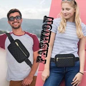 Sac banane matelassé noir pour femme et homme, pochette de poitrine tendance pour voyage.