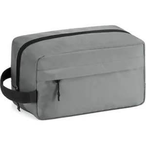 Detailed view of the portable grey men's travel toiletry bag with waterproof fabric and zipper.