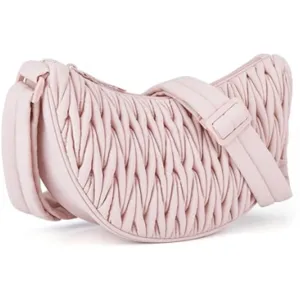 Pink quilted crescent shoulder bag, puff half-moon crossbody purse, soft stylish handbag.