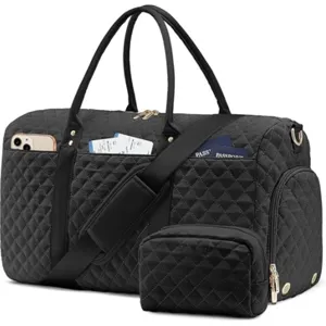 Quilted travel duffel bag set with cosmetic pouch, large capacity overnight gym luggage.