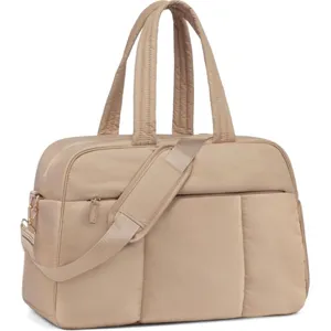 Beige travel duffel bag close-up, waterproof nylon fabric, front zipper pocket and shoulder strap.
