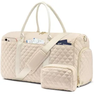 Quilted travel duffel bag set with toiletry pouch, spacious weekender bag for women travel.