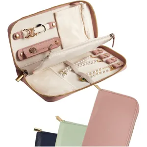 Detailed view of the portable jewelry travel organizer featuring multiple compartments and soft lining.