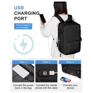 Vista dettagliata dello zaino da viaggio nero con porta di ricarica USB e molte tasche