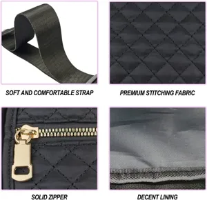 Détail de sac banane matelassé noir montrant sangle douce, tissu de qualité et fermeture éclair.
