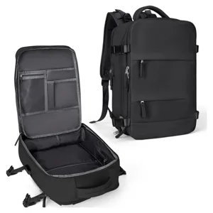 Waterproof travel laptop backpack with USB port, expandable multi-pocket business school bag.
