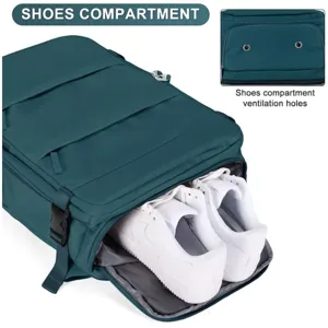 Backpack separate shoe compartment detail with ventilation holes and sneakers display.