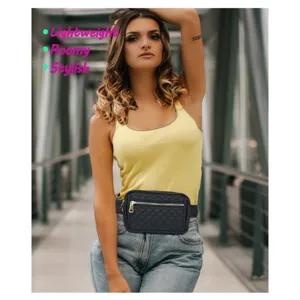 Sac banane matelassé noir pour femme, sac de ceinture élégant pour voyage, randonnée et sport.