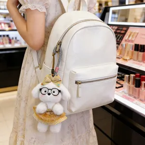 Cute fluffy puppy plush pendant with glasses and bow, stylish white backpack charm key ring.