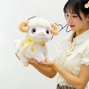 Cute plush sheep toy with bell and star embroidery, soft lamb doll gift for kids.