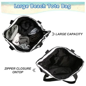 Detailed view of black white stripe large beach tote bag showing spacious interior and zipper.