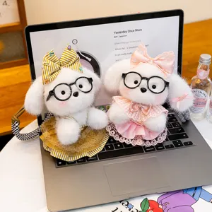 Cute Maltese plush dog keychain featuring black glasses and elegant dress, perfect bag pendant gift.