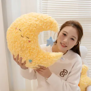 Cute yellow crescent moon plush pillow with hanging star soft toy for kids home sofa decor