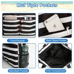 Large waterproof beach tote bag with multiple pockets and zipper compartments for travel.