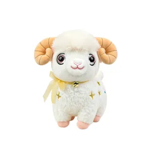 Cute plush ram toy with bell star bow design, soft stuffed animal doll for kids gift decoration.