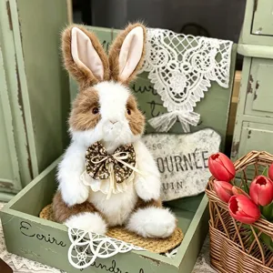 Schattig simulatie langharig konijn pluche speelgoed met strik, zachte knuffelpop.