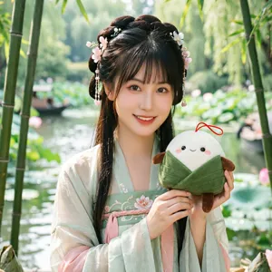Lindo muñeco de peluche zongzi del festival de botes de dragón con cara sonriente.